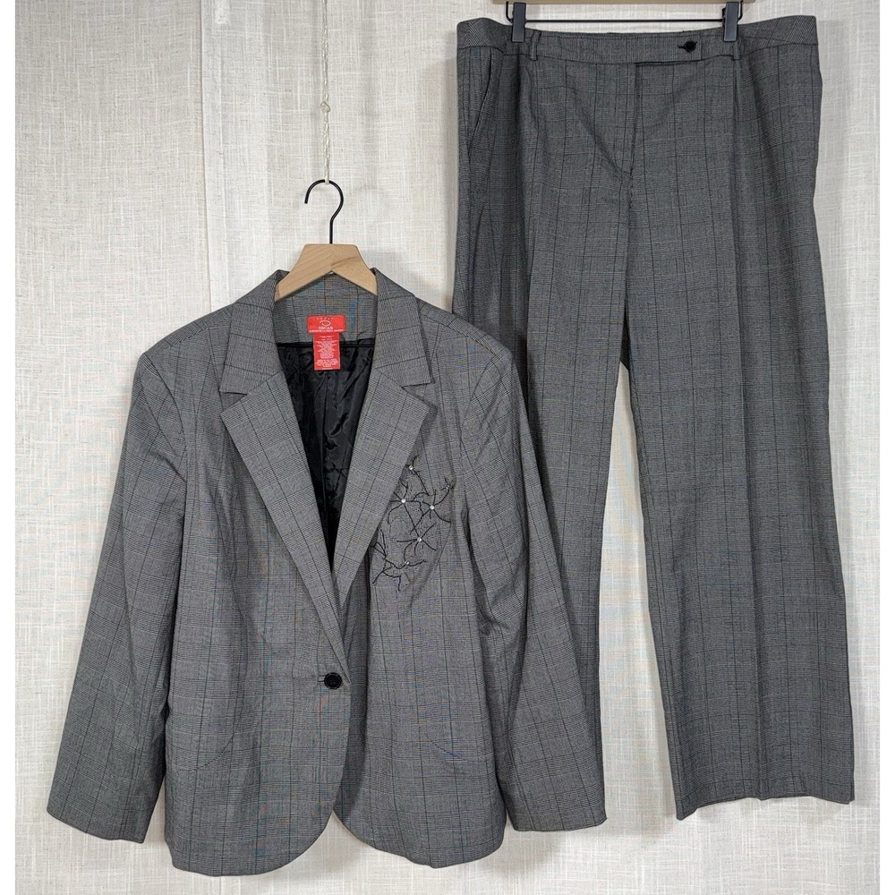 Oscar by Oscar de la Renta Suit Pants Blazer Women's 20 20W Floral Gray Plaid